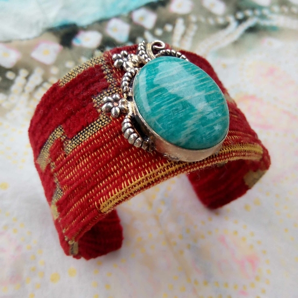❤ Artisan Amazonite Gemstone Kilim Cuff Bracelet, Real Silver! - Picture 11 of 13